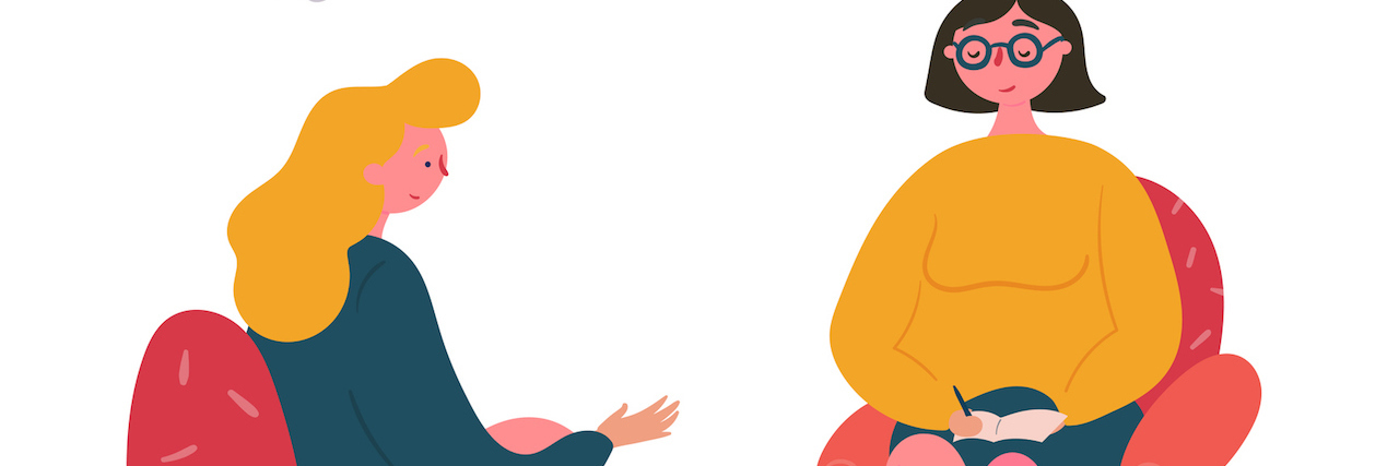 8 Tips for Talking to Your Psychiatrist Woman sitting with medical professional - illustration