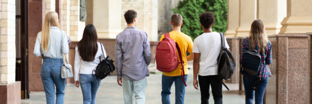Group of students walking on college campus after classes, back view.