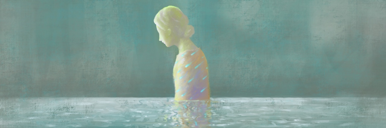 illustration of a woman chest-deep in water looking down, sad