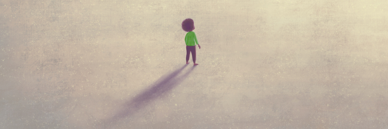25 Signs You Grew Up Feeling Invalidated Illustration of boy standing alone in open area, his shadow stretching behind him as he looks toward an unseen distant light source. 25 Signs You Grew Up Feeling Invalidated