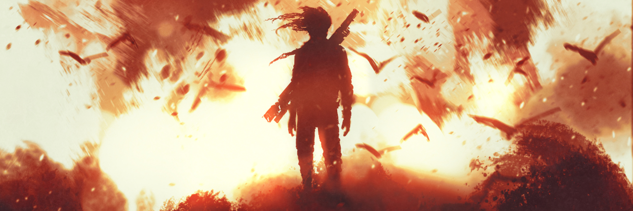 illustration of person standing in fire, silhouetted with flock of birds, a weapon across their back