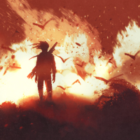 illustration of person standing in fire, silhouetted with flock of birds, a weapon across their back