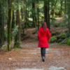 Woman walking away alone on a forest path wearing a red overcoat.