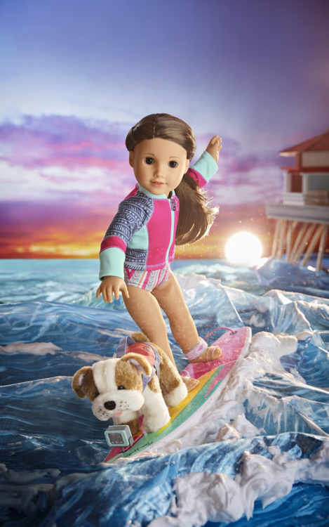 American Girl doll Joss Kendrick on a surfboard
