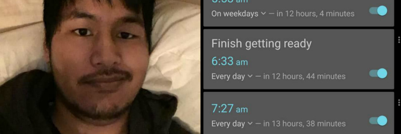 Man in bed and photo of alarms