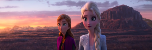 screen shot from Frozen II trailer of Anna and Elsa standing together, looking gravely in the distance