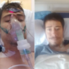 side by side pictures of author in a hospital bed. Left picture intubated, right picture soft smile without tubes