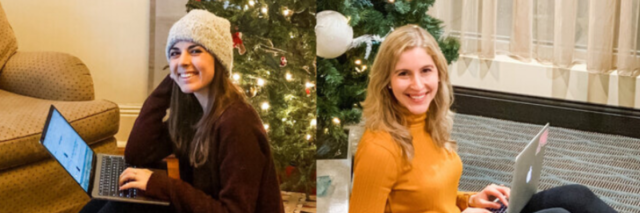 A split screen of two women, sitting down on their laptops in front of a Christmas tree