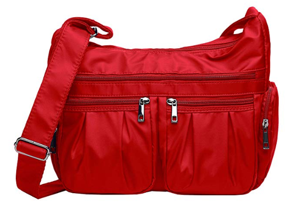Red waterproof crossbody bag.