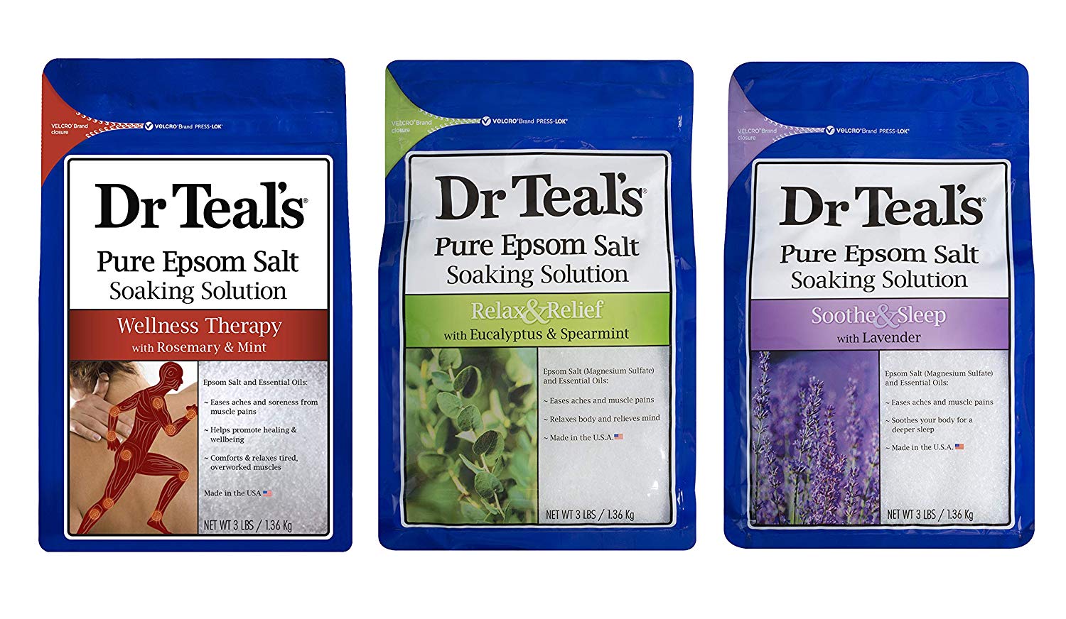 Dr. Teal's epsom salts 3-pack: Relax & Relief Eucalyptus Spearmint, 1 Sooth & Sleep Lavender and 1 Therapy & Relief Rosemary and Mint