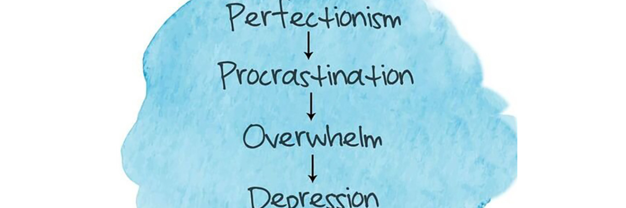 Rain cloud with text reading "Perfectionism --> procrastination --> overwhelm --> depression."