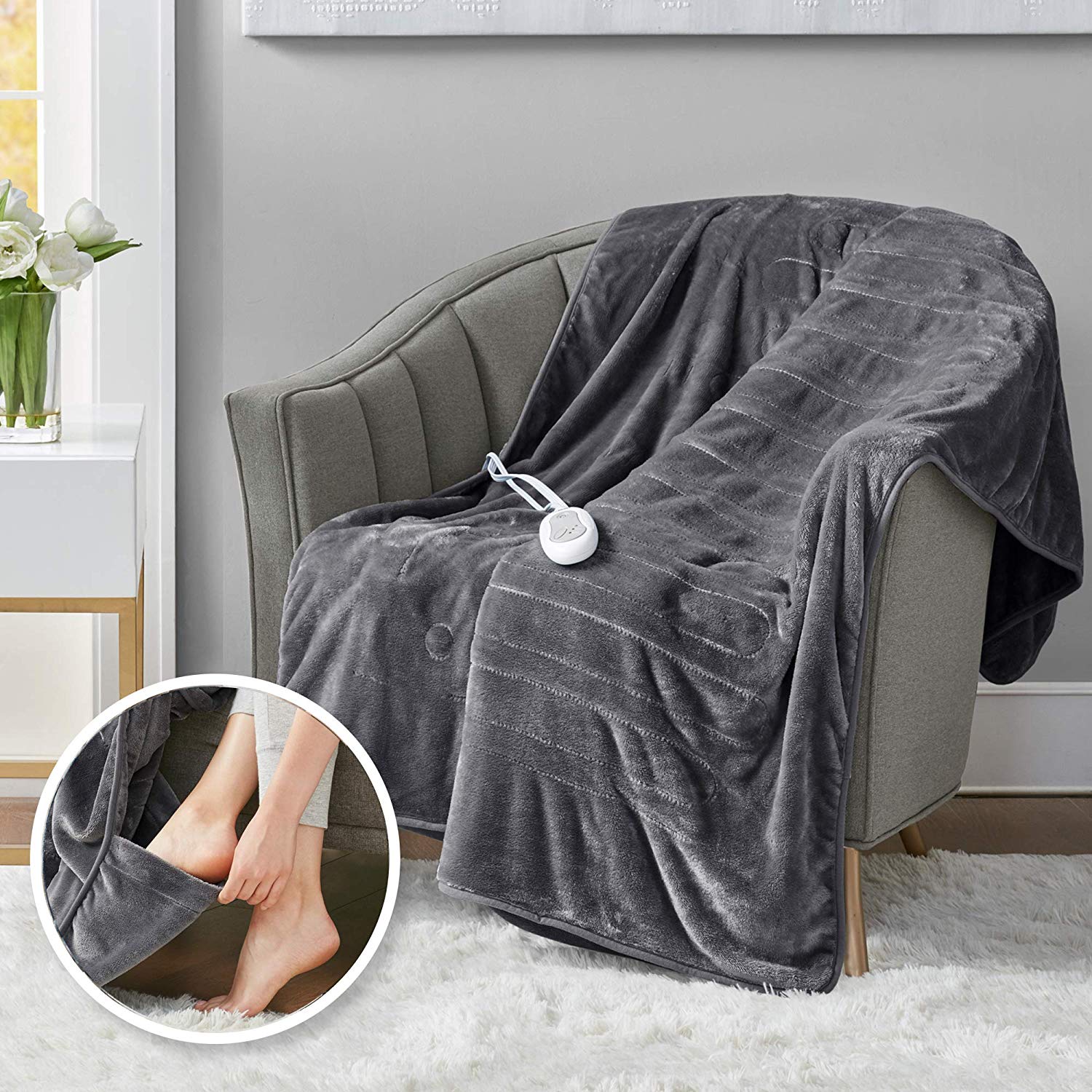 Heated blanket for chronic pain -- soft plush with foot pockets.