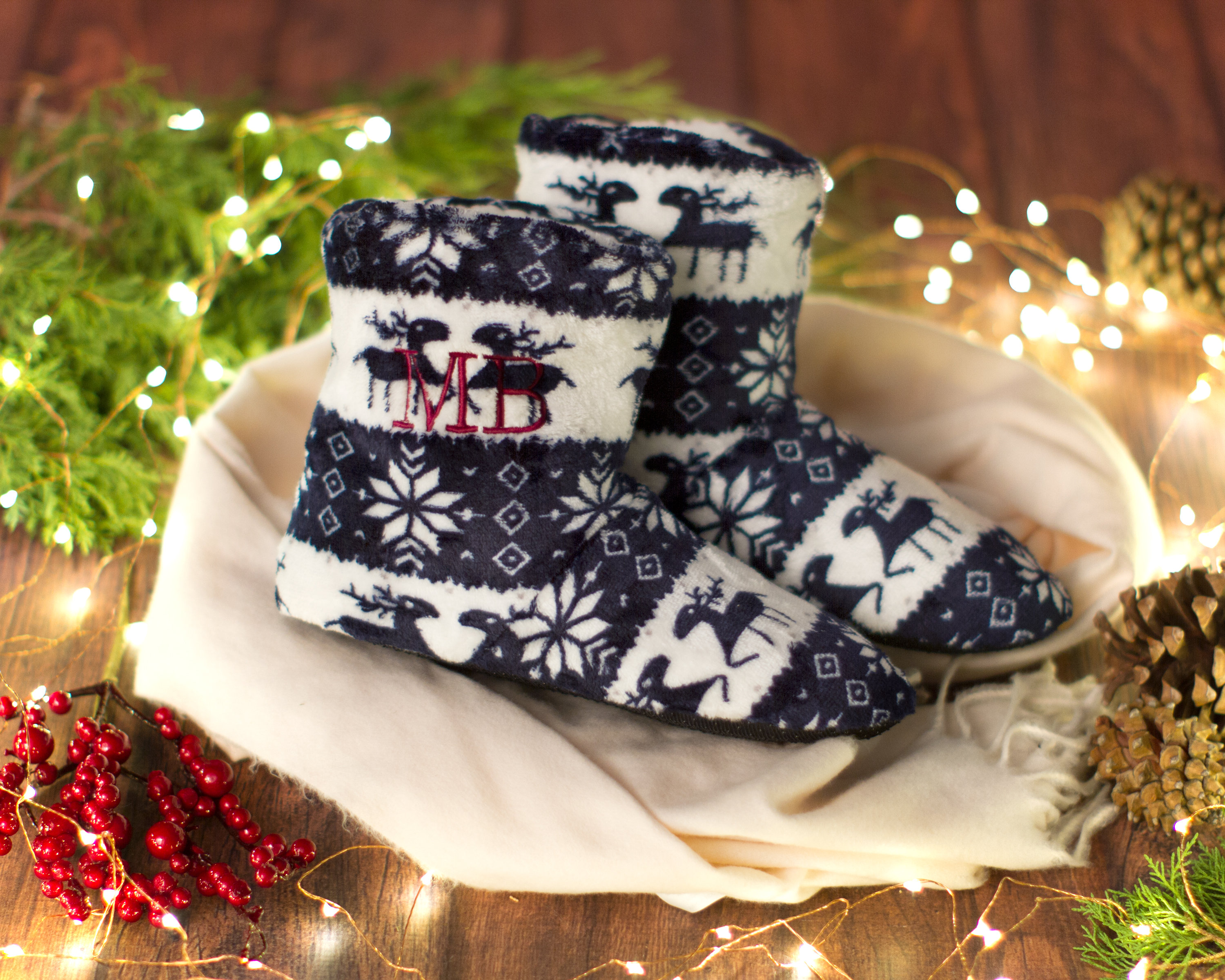 Handmade fuzzy Santa slippers.