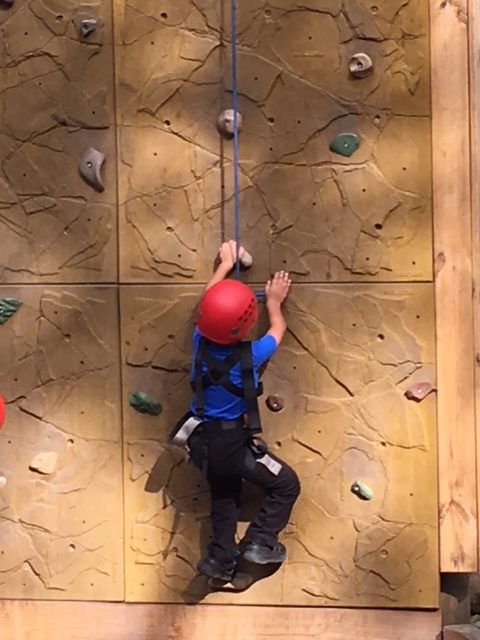 The author's son climbing a rock climbing wall