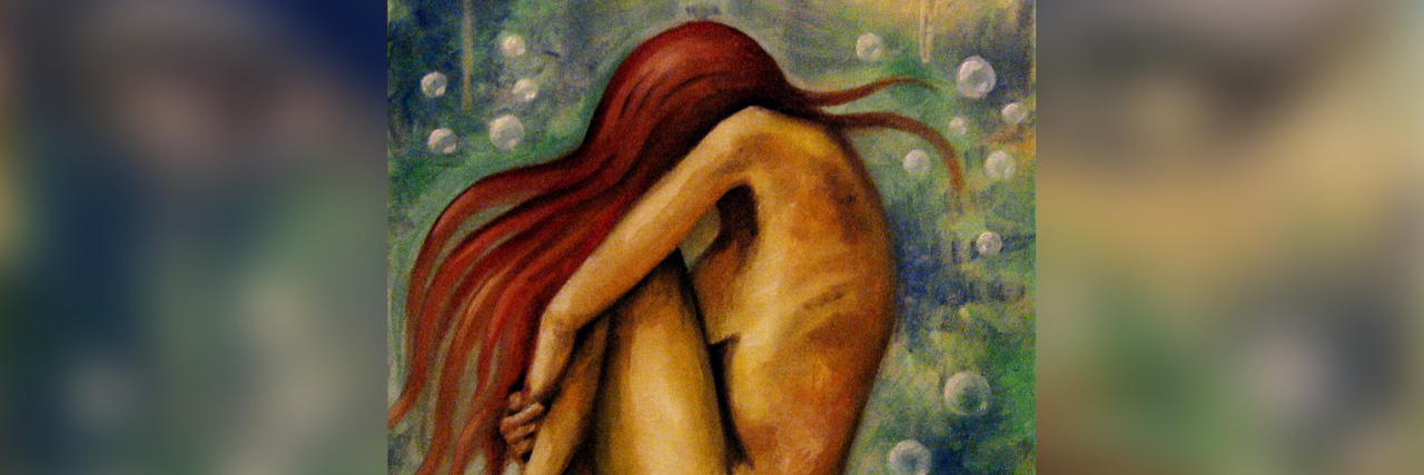 Coping With Mental Fatigue After Traumatic Brain Injury Painting of a woman holding her knees to her chest as menacing eyes look down on her.