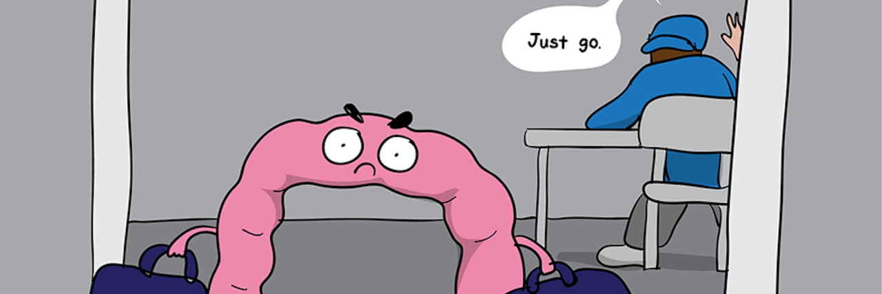 'Awkward Yeti' Creator's New Book Tells Real Medical Stories Scene from How I Broke Up With My Colon, showing comic colon walking out the door with bags packed