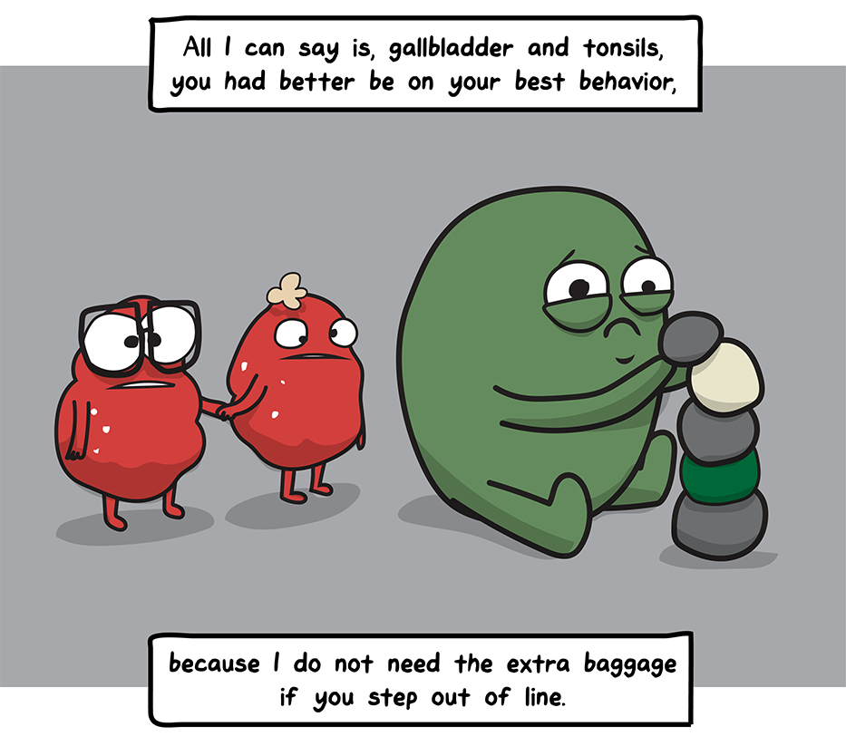 How I Broke Up With My Colon comic: All I can say is, gallbladder and tonsils, you had better be on your best behavior, because I do not need the extra baggage if you step out of line. (Cartoon tonsils and gallbladder)