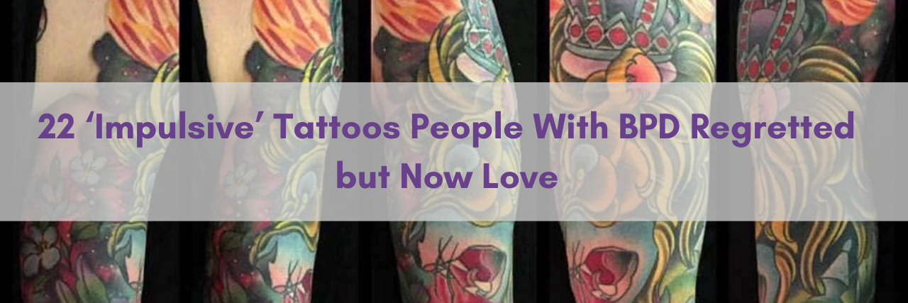 Impulsive Tattoos People Regretted but Now Love An arm with sleeve-length tattoos is photographed from multiple angles. It features a lion with a crown, a crow wearing a jester's cap, a scepter, and some flowers and gems.