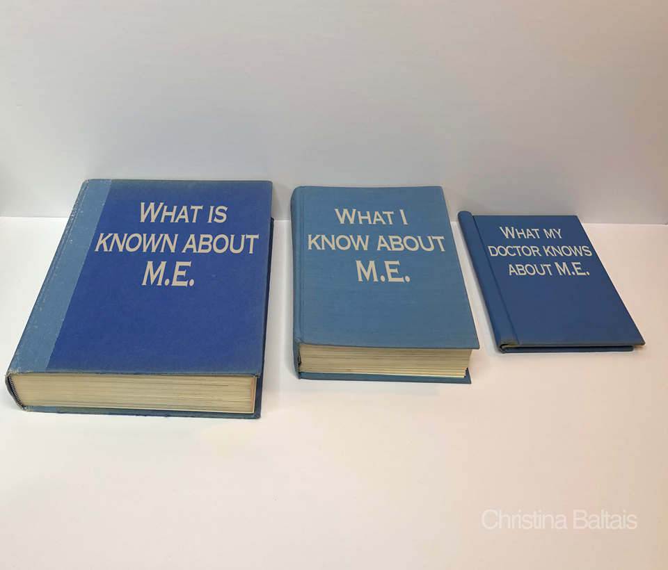 photo of three blue books. One large, reading "What is known about M.E." One slightly smaller, reading "What I know about M.E." and one very small, reading"What my doctors know about M.E."
