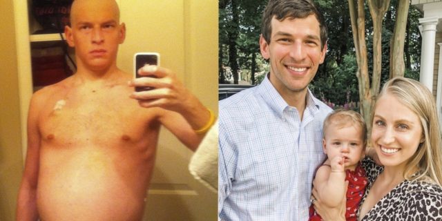 A photo David Fajgenbaum, a young looking white man, bald and shirtless with a distended abdomen. Next to that is a photo of David, thin and with hair, standing next to his wife, a young white blonde woman, and their daughter, an infant.