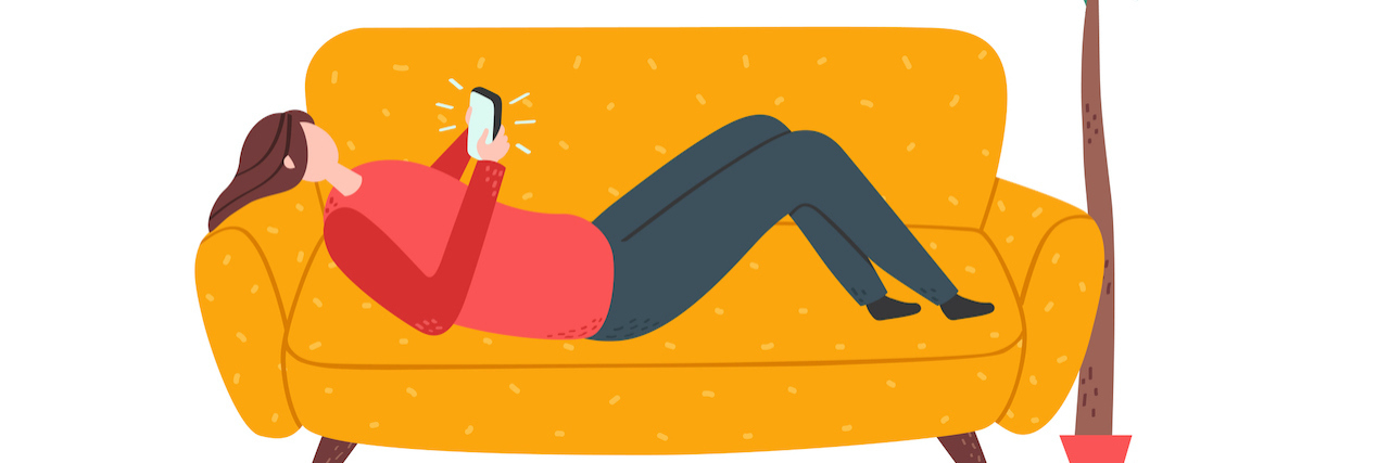 Illustration of woman lying on sofa with smartphone.