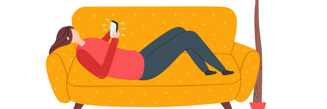 Living With Autoimmune Disease During the COVID-19 Pandemic Illustration of woman lying on sofa with smartphone.