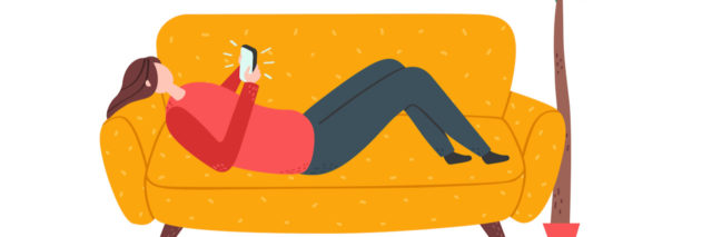 Illustration of woman lying on sofa with smartphone.