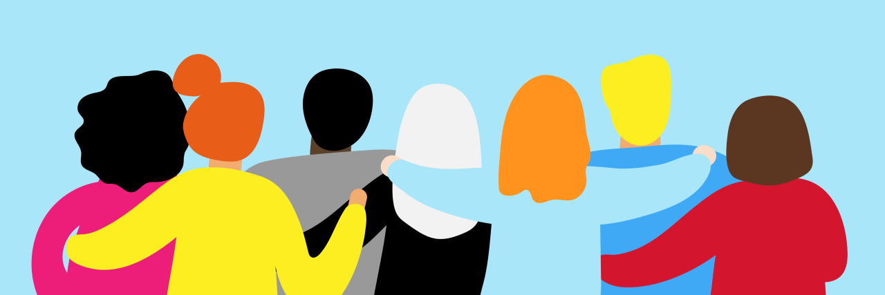 4 Steps to Take to Help Someone With a Mental Illness illustration of the back of a group of people with their arms around each other