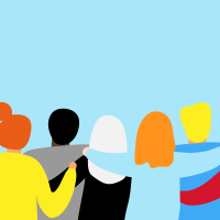 illustration of the back of a group of people with their arms around each other