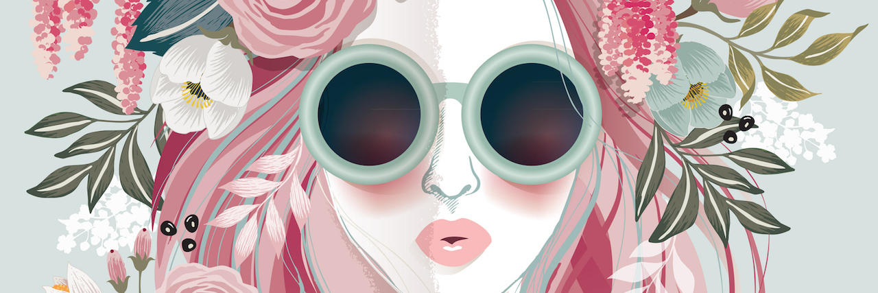 Finding Peace and Accepting My Life With Chronic Pain illustration of a woman wearing headdress with flowers and sunglasses.