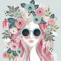 illustration of a woman wearing headdress with flowers and sunglasses.