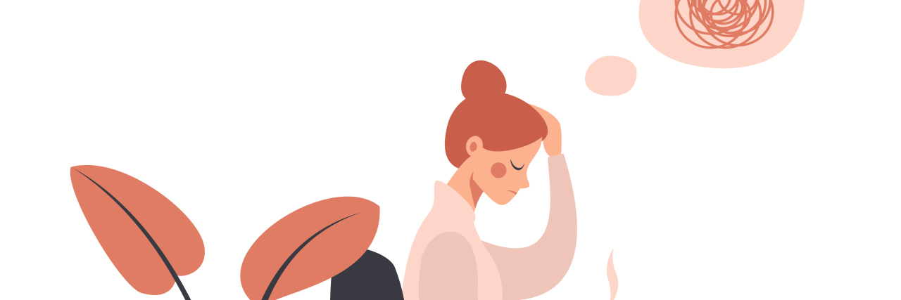 3 Types of Coping Skills for Dealing With Anxiety illustration of woman sitting in a chair with a cup coffee, hand on her head, and a think bubble with a scribble of thoughts above her