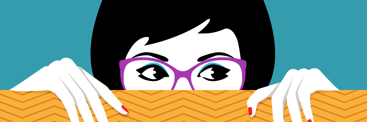 illustration of young woman behind a yellow wall with only her face sticking up, wearing purple glasses with her hands above the wall, red nail polish
