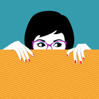 illustration of young woman behind a yellow wall with only her face sticking up, wearing purple glasses with her hands above the wall, red nail polish