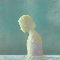 Art depiction of sad woman in water.