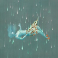 Art of girl falling in blue space with rain around her.