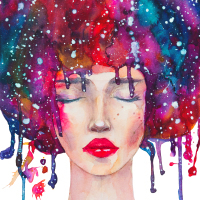 Conceptual drawing of a beautiful sleeping girl with a cosmic hair with stars