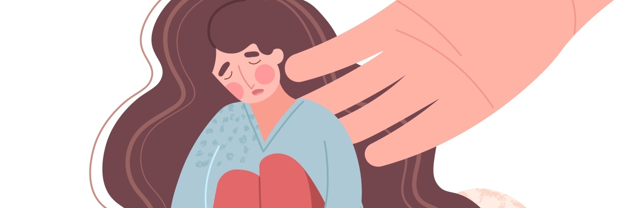 Why I'm Scared of the Treatments for My Bipolar Disorder and Anxiety illustration of woman with long brown hair crying with her knees pulled to her chest as a giant hand is reaching out, touching her face/shoulder