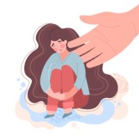 illustration of woman with long brown hair crying with her knees pulled to her chest as a giant hand is reaching out, touching her face/shoulder