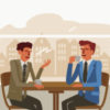 illustration of 2 businessmen in suits sitting at a table talking over coffee