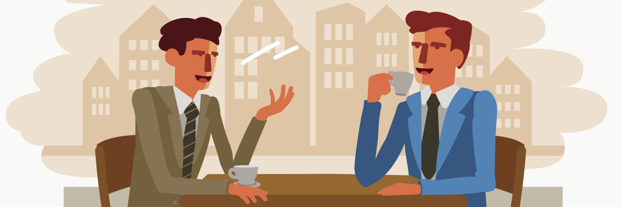 illustration of 2 businessmen in suits sitting at a table talking over coffee