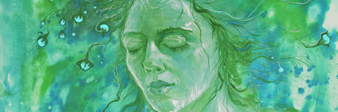 green watercolor of woman's face with eyes closed and hair flowing