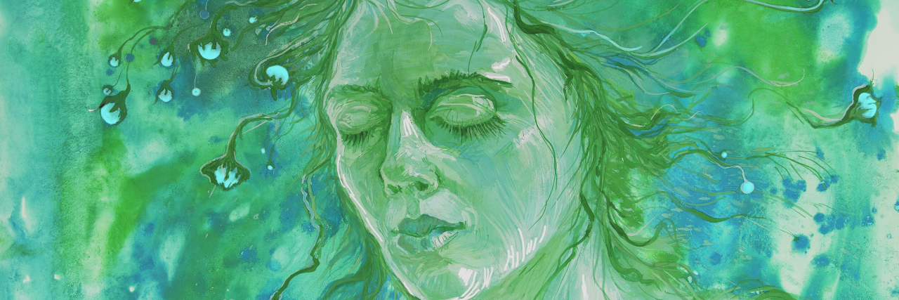 Mental Illness Makes Me Question If I'm a 'Bad' Person green watercolor of woman's face with eyes closed and hair flowing