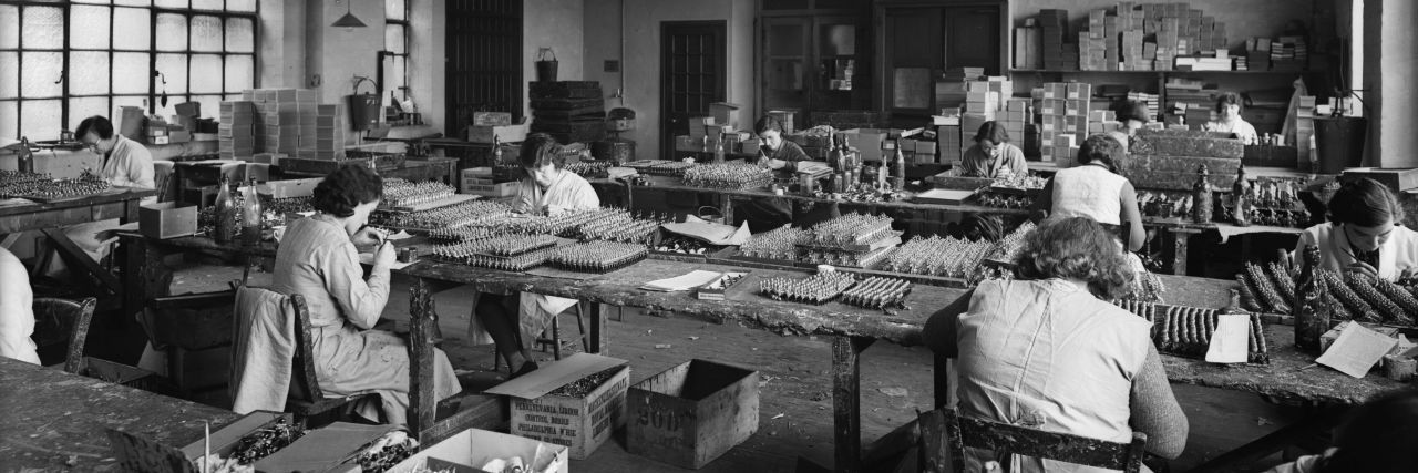 Stand Up Against Subminimum Wage for People With Disabilities Factory workers, black-and-white vintage image.