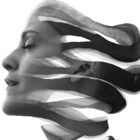Paintography double exposure of woman's profile separated into flowing pieces