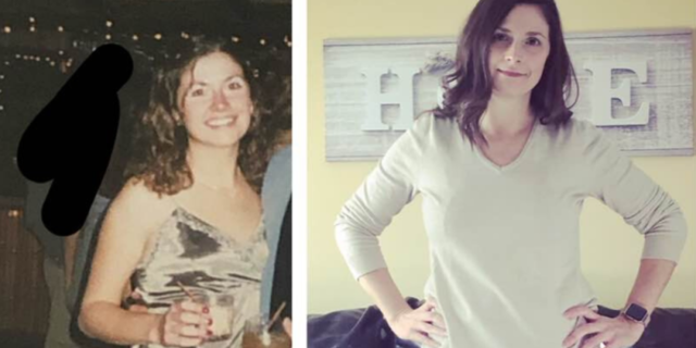 double photo of woman. on the left she is younger, smiling and wearing a dress. on the right is 20 years later, looking confident into the camera with her hands on her hips