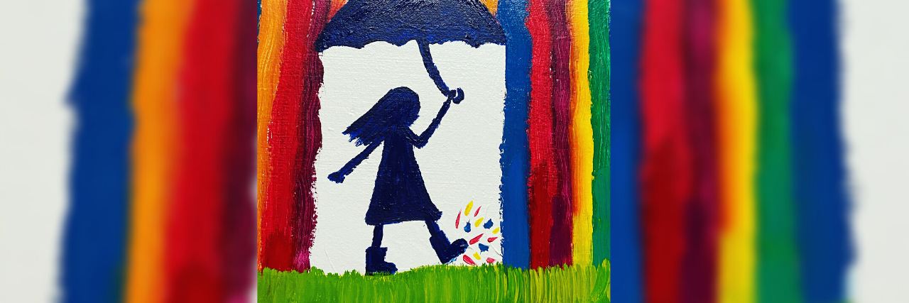 photo of painting on wall showing a girl with an umbrella, around her rainbow raindrops are falling. Text reads "there is light outside ED"
