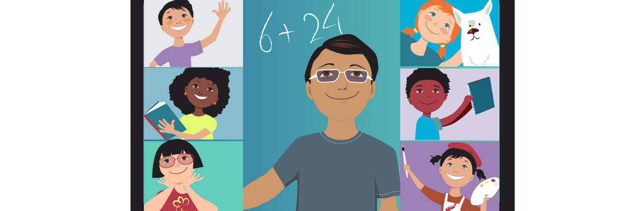Connecting and Engaging With Students During Virtual Learning Illustration of computer screen showing diverse group of young students and teacher