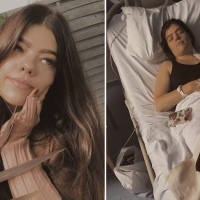 Side by side photos - one of a woman looking at the camera, the other of her in a hospital bed