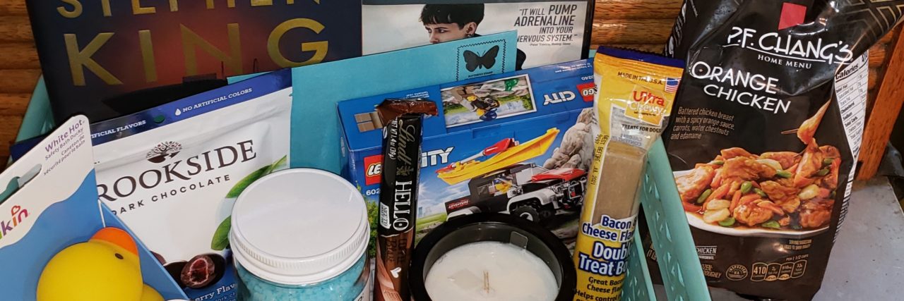 Gifts to Give Yourself for Bad Days With Chronic Illness Items in Christina's chronic illness "Splatquake" kit.